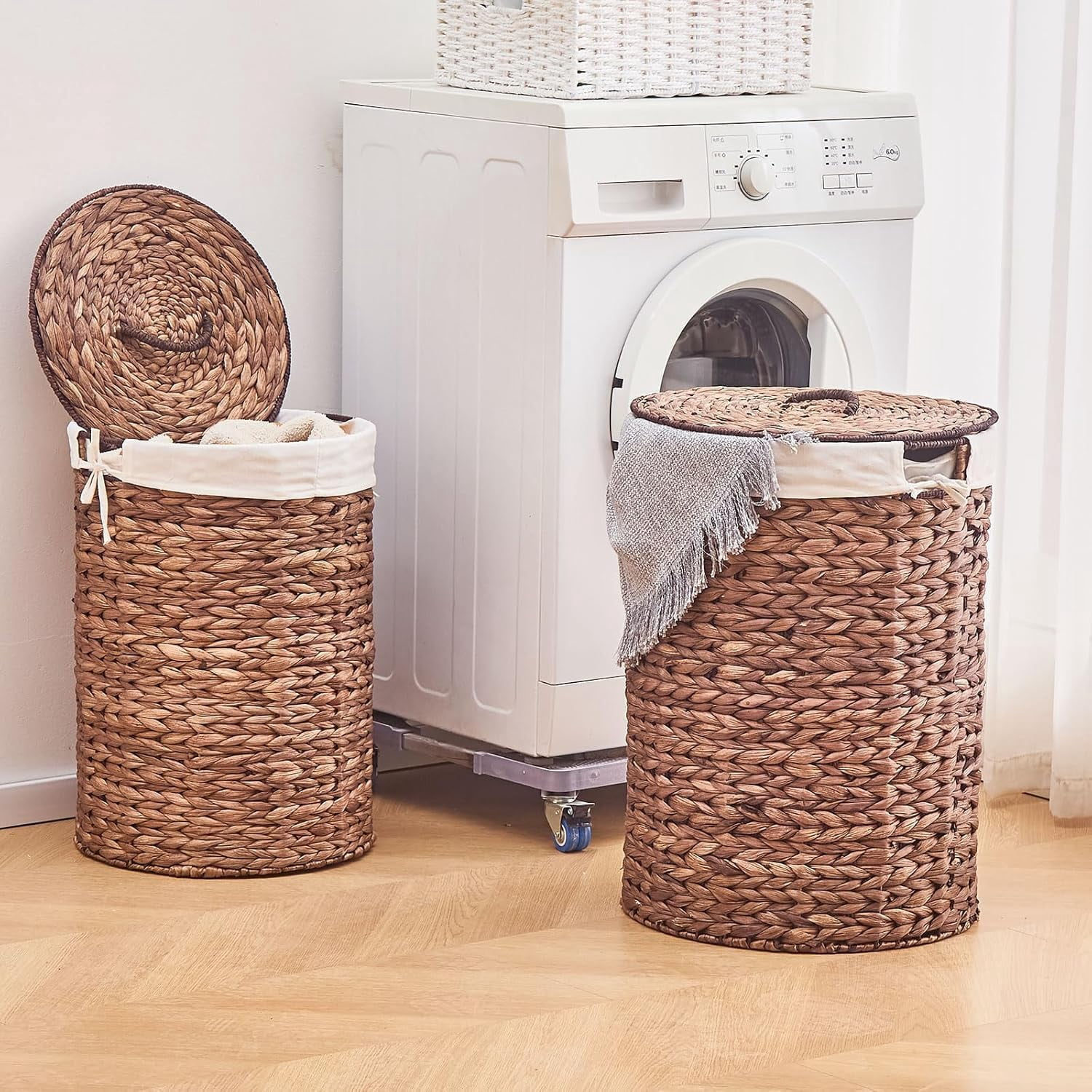 Casa Pura Furniture Handwoven Round Water Hyacinth Laundry Hamper with Lid, 60L Wicker Storage Basket with Handles, No Assembly Needed for Bedroom Bathroom Home Organization