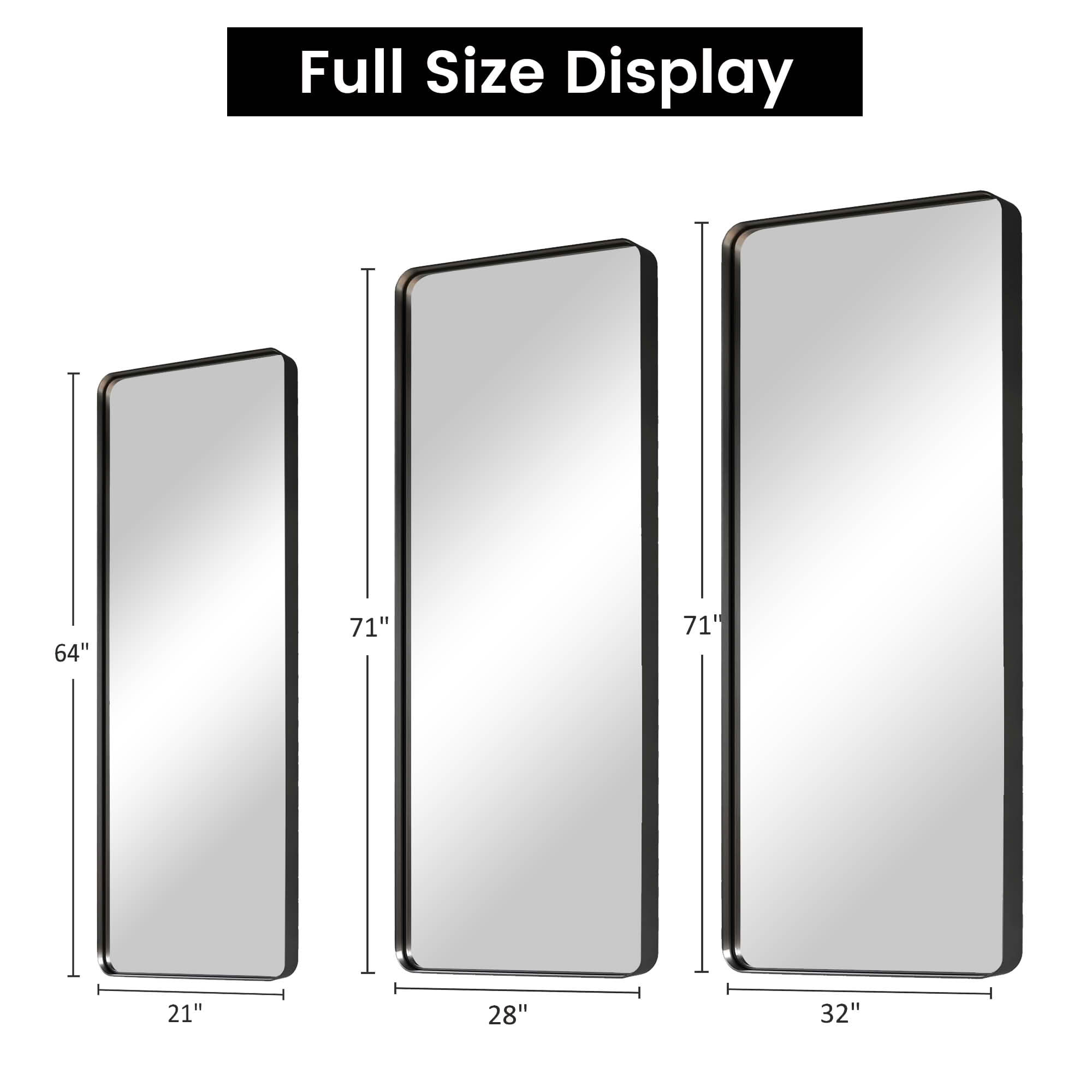 MAYEERTY 64x21x2 Inch Black Painted Aluminum Round Corner Rectangular Full Length Mirror, Deep, No Stand for Bedroom