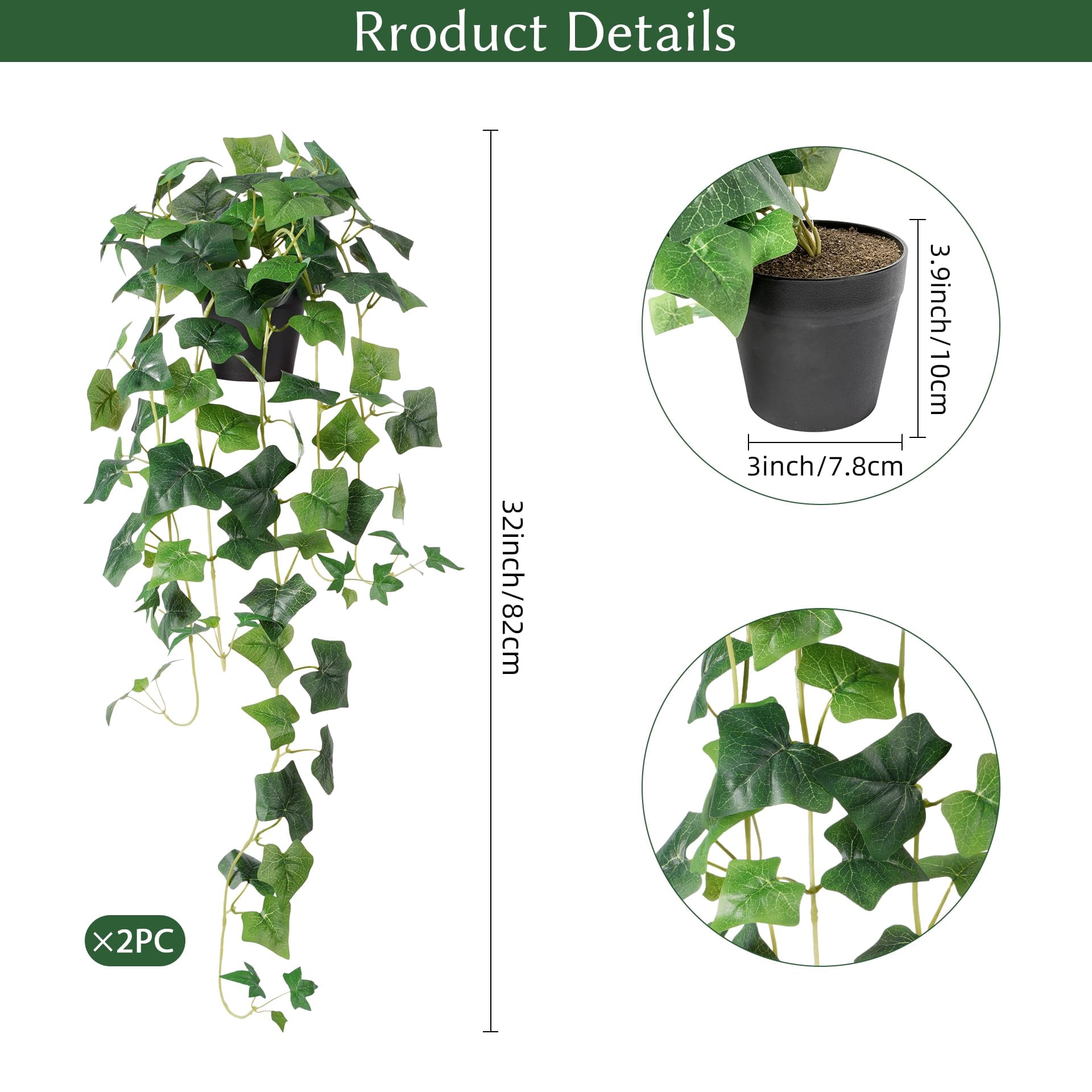 Fake Hanging Plants with Pots - Realistic Artificial Plant for Indoor Outdoor, 33In Silk Fake Potted Plants, 2PC Faux Ivy Vine for Shelf Tabletop Office Decor, Dark Green