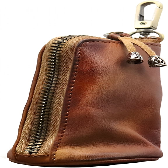 AOMRCOL Medieval Leather Zipper Coin Pouch, Genuine Cowhide Handcrafted Coin Organizer Change Holder Keychain Coin Purse for Men & Women (Brown)