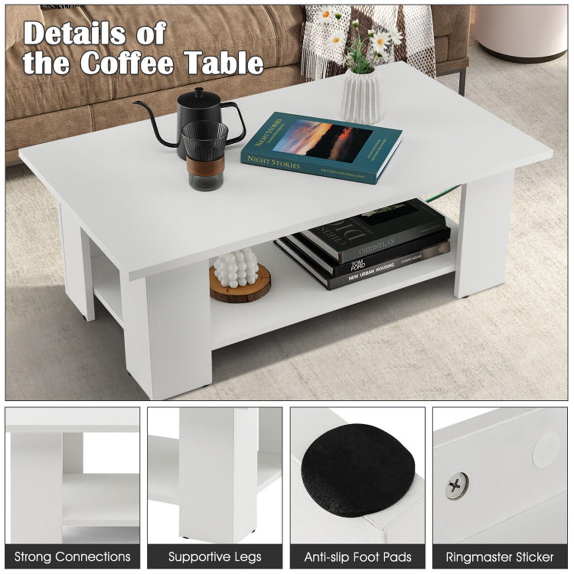 Demi Bonn 3-Piece Coffee Table Set, Large 36" 2-tier Wood Modern Side Table with Open Storage Shelf and Set of 2 End Table, Foot Pads, for Living Room, White
