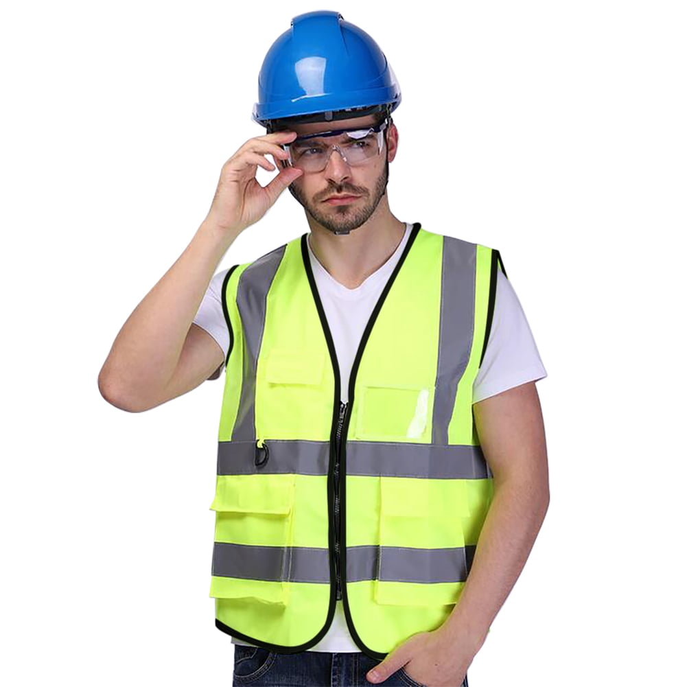 GOGO 5 Pockets High Visibility Zipper Front Safety Vest with Reflective Strips Uniform Vest, Pack of 10-Blue-L