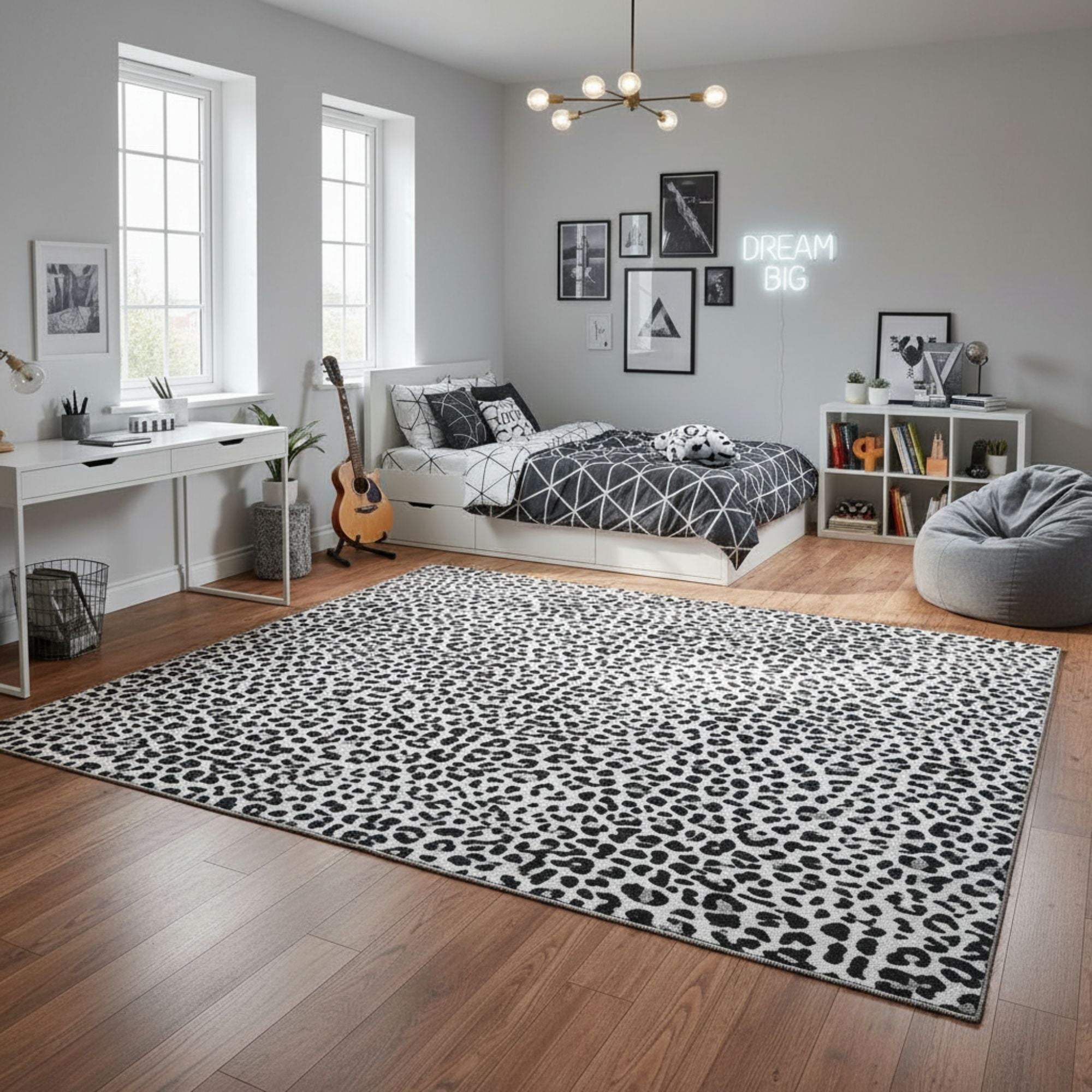 Ottomanson Non-Slip Area Rug 5' x 7'10" Soft Low Pile Bedroom Accent Rug, Leopard Print Black & White