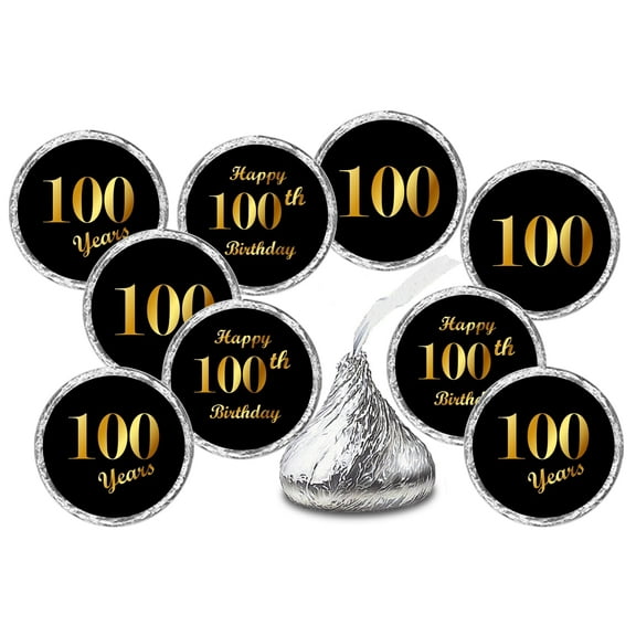 100th Birthday Black Kisses Stickers, (Set of 216) Chocolate Drops Labels Stickers For 100 Birthday, Party Favors Decor for Kisses. Made in USA,