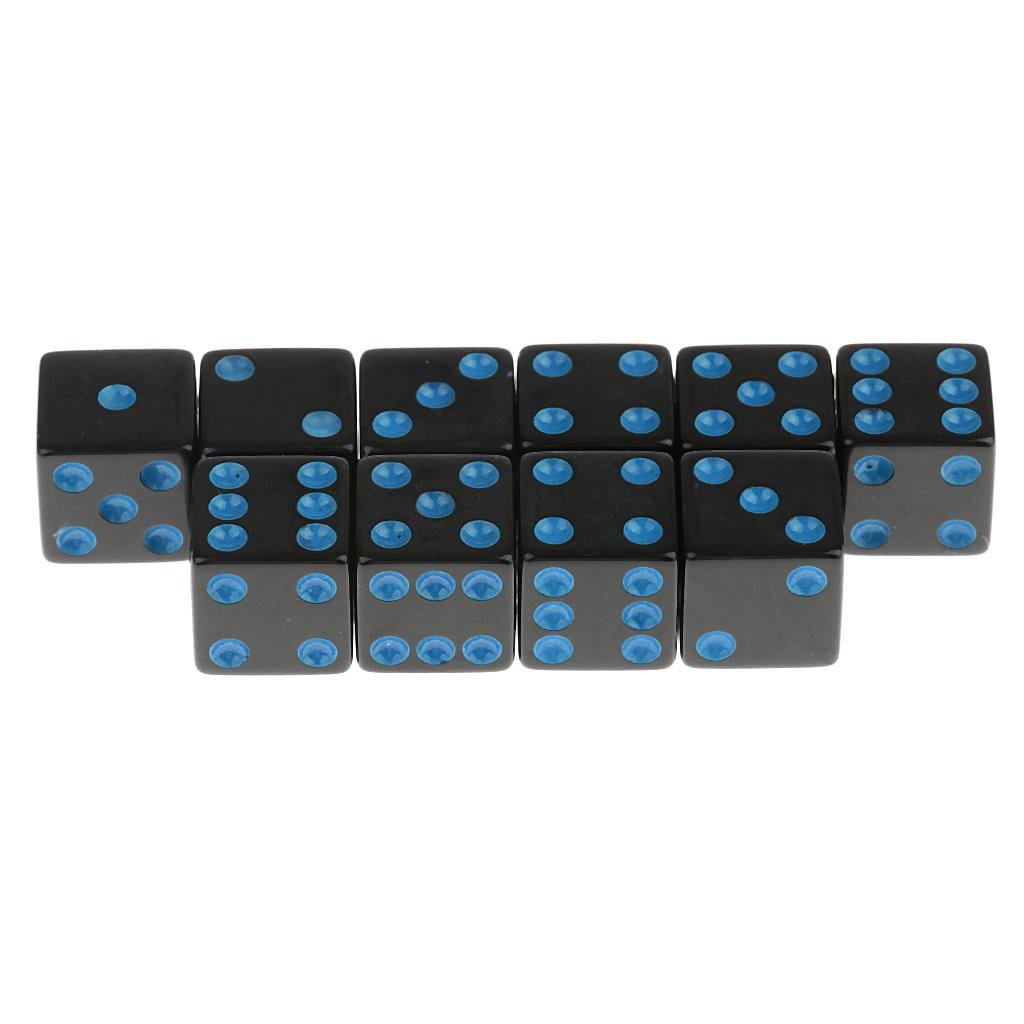 Set of 10 Acrylic 6 Sided Square D6 16mm Standard Dice Die Black with Blue Pips 