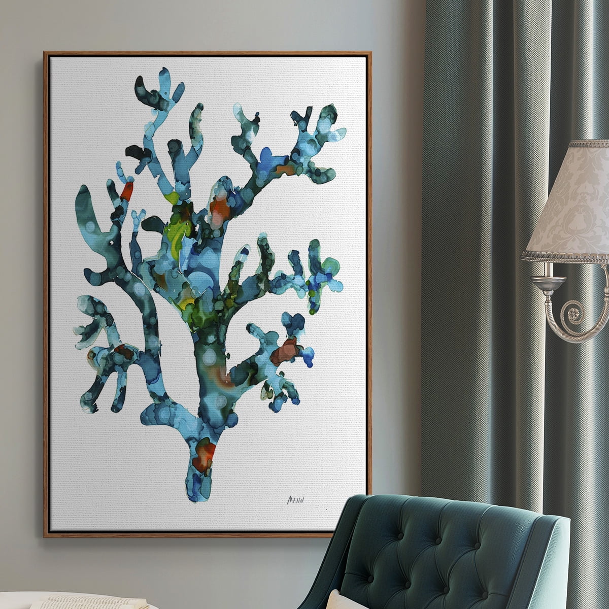 Sea Coral I Framed Premium Gallery Wrapped Canvas - Ready to Hang - 27 x 41 - Walnut Floating Frame