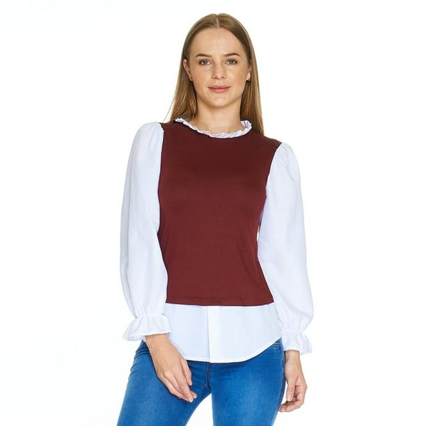 Blusa Doble Prenda Mujer Casual Formal Manga Larga Vino vino 3EG Incógnita 330630