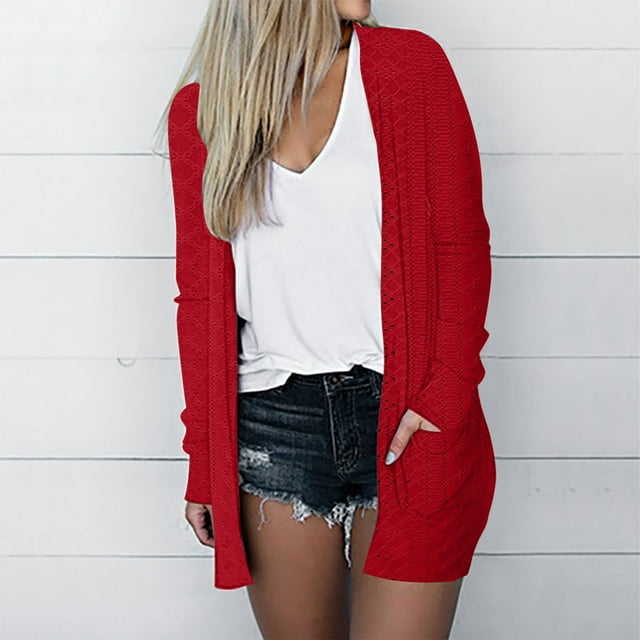 AherBiu Womens Lightweight Cardigan Longer Length Casual Crochet Open-Front Sweater Jacket with Pockets