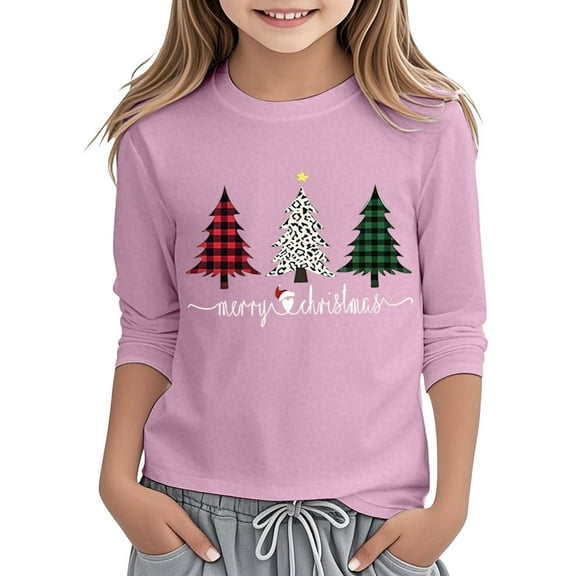 Girls Christmas Shirts Festive Holiday Print Long Sleeve Crewneck Tee Casual Top With Cute Seasonal Design Youth