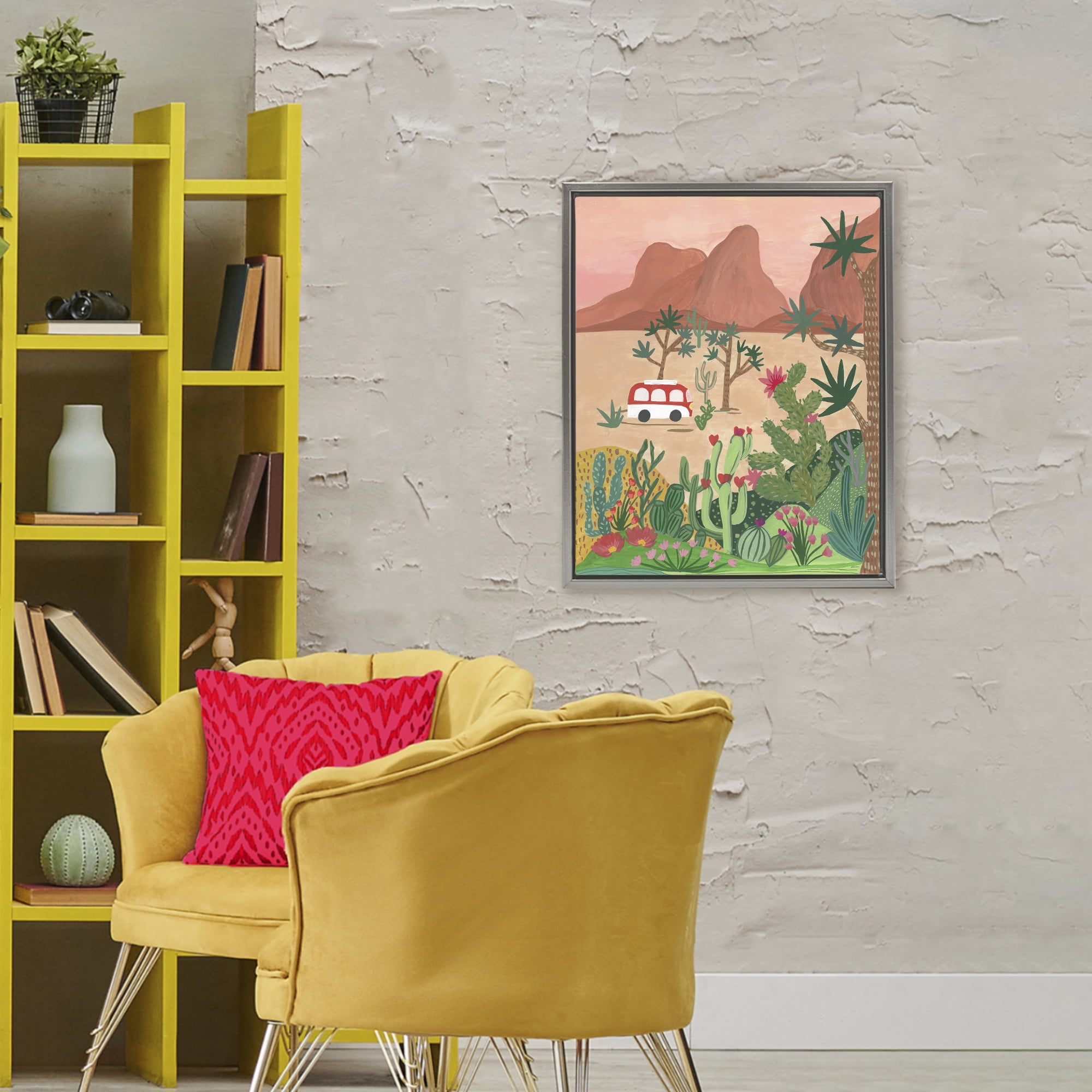 Desert Camper & Cacti Gray Framed Floater Canvas Wall Art, design by Nabeela Rumi