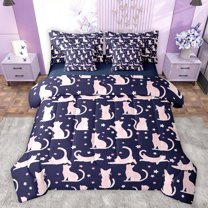 jejeloiu Pink Deepblue 7-Piece Bedding Comforter Set,Cute Cat Kitten King Bedding Sets,Pet Animal Lover Bed Sheets For Girls Boys,Microfiber Bedroom Decor Reversible