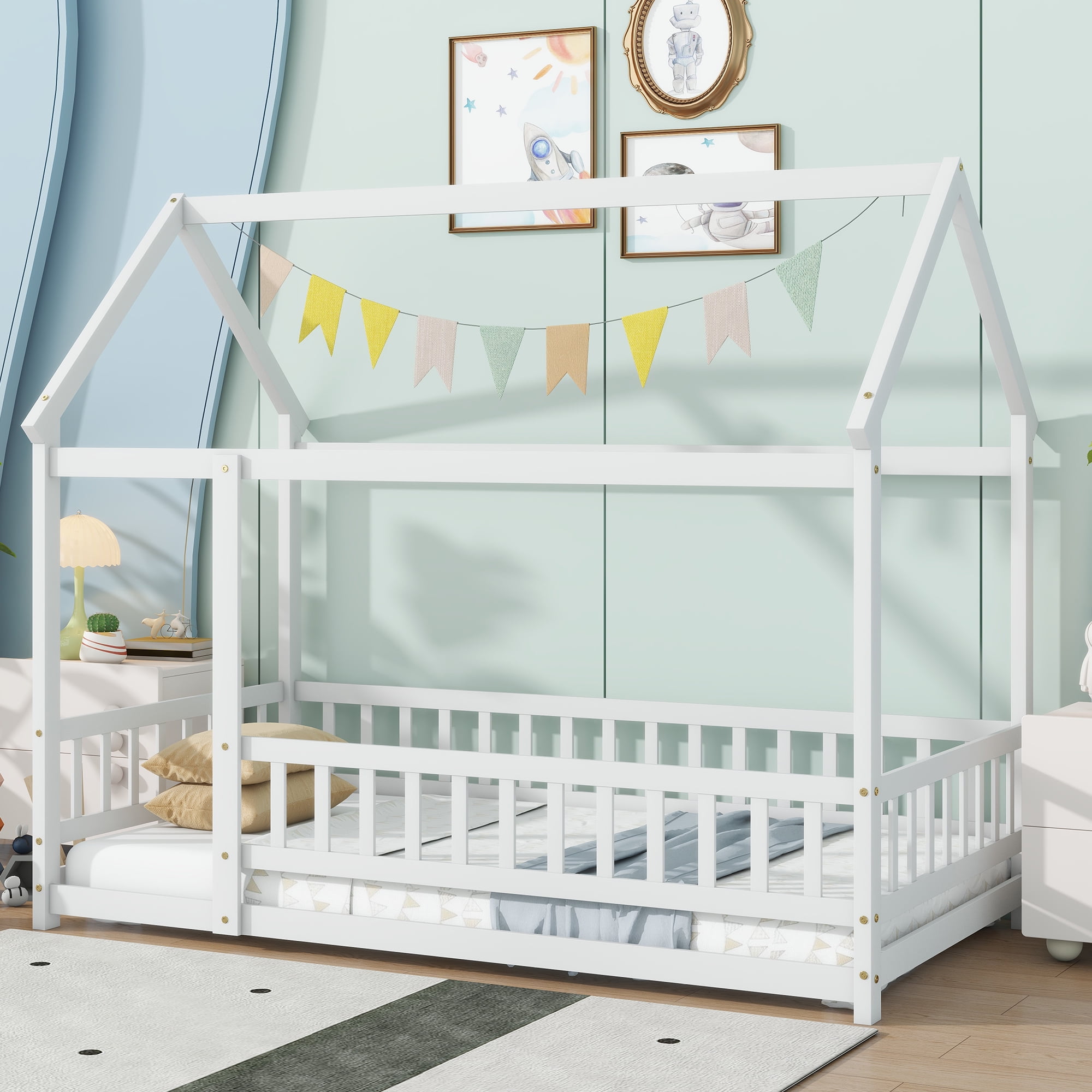 Alvantor Twin Size Floor House Bed for Toddler, Solid Wood Bed Frame with Guardrails White