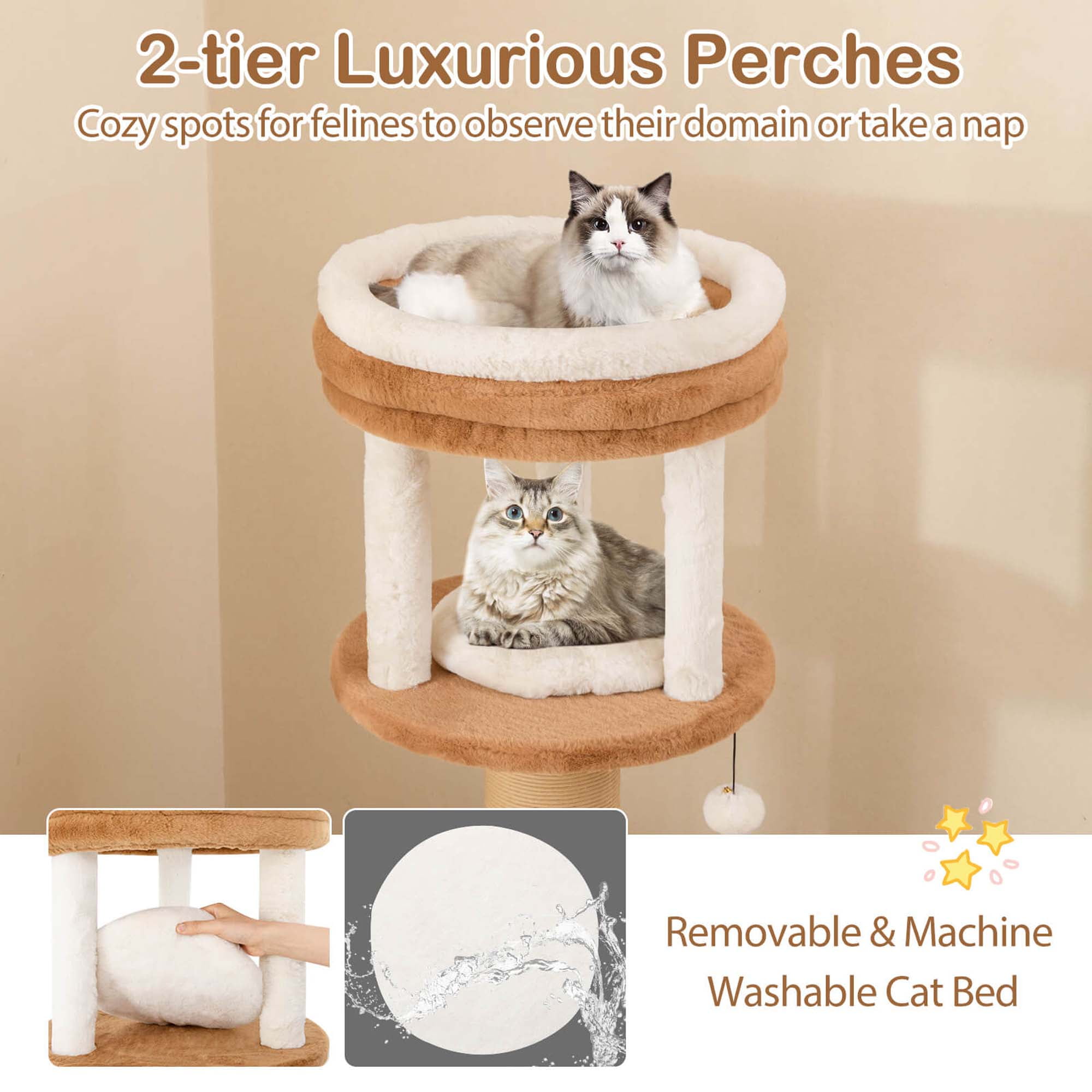 Costway 65" Tall Cat Tree for Indoor with Self-groomer Padded Perch Removable Cat Bed