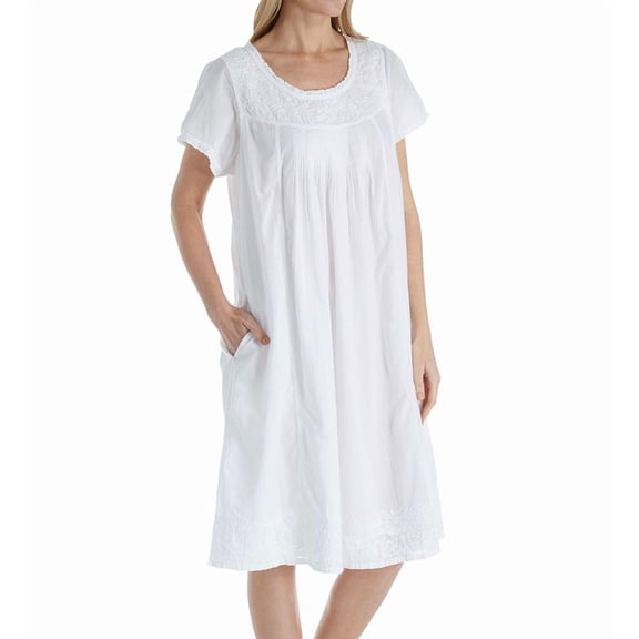 Women's La Cera 1085G 100% Cotton Woven Cap Sleeve Embroidered Nightgown (White S)