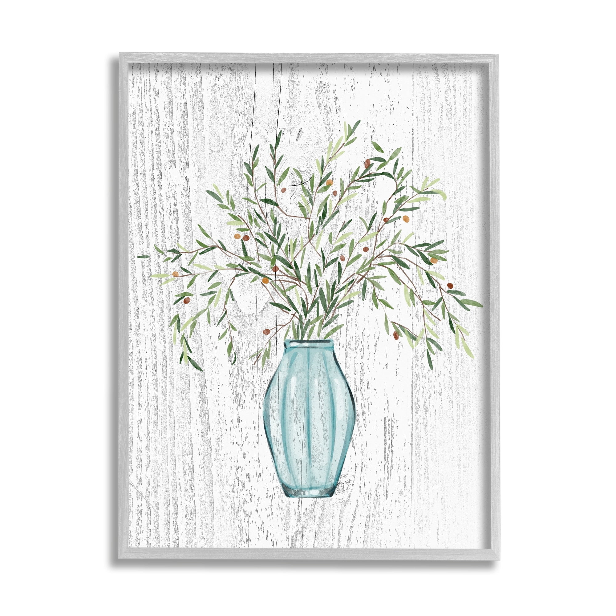 Stupell Industries Rustic Herbs Plants Budding Blue Glass Vase Graphic Art Gray Framed Art Print Wall Art, Design by Ziwei Li