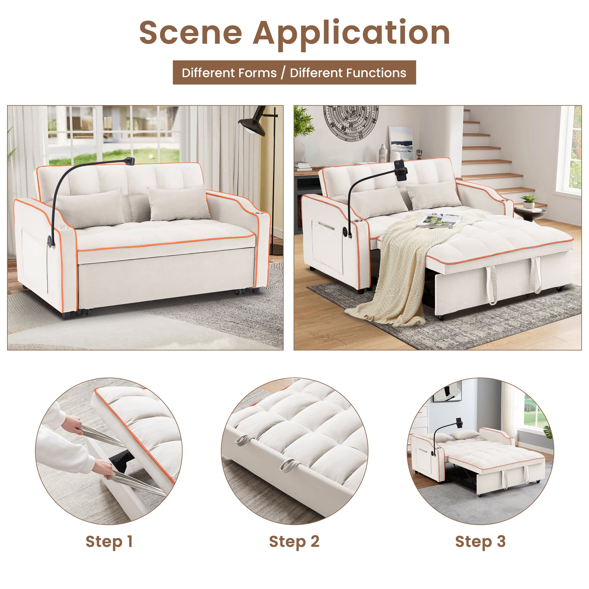 Aukfa Pull Out Sofa Bed, Convertible Loveseat Sleeper Sofa Couch with USB Port, Cup Holders and Swivel Phone Holder, Beige