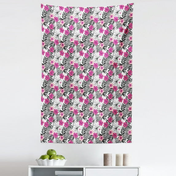 Tropical Tapestry, Pink White Hibiscus Flowers on Monochromatic Background of Leaves, Fabric Wall Hanging Decor for Bedroom Living Room Dorm, 5 Sizes, Charcoal Grey Magenta, by Ambesonne