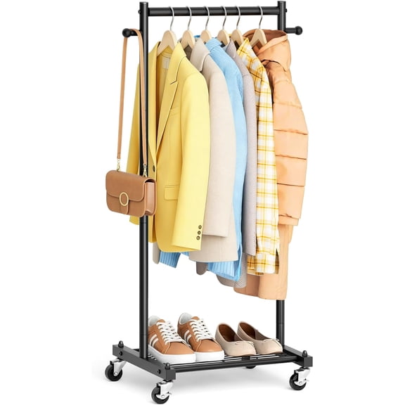 Small Clothing Racks for Hanging Clothes 45" Short Rack with Shelves Metal Rolling Garment Wheels Space, Closet, Wardrobe, Adults & Kids, Black