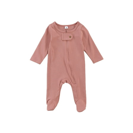 

Toddler Infant Baby Boys Girls One Piece Romper Long Sleeve Solid Color Round Neck Zip-up Loose Footed Jumpsuit