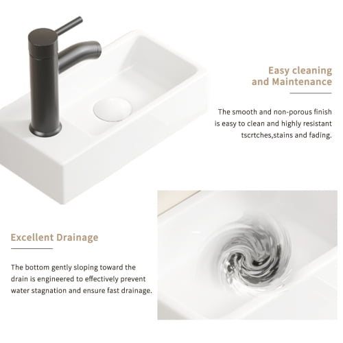 Small Rectangular Wall Hung Basin Sink, 14x7x3 Inch Vitreous China Cloakroom Wash Basin, White High Gloss Glaze, Left Hand Tap Hole, Without Tap & Drain