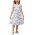 thumbnail image 1 of Ashirexll Robes Filles Sans Manches Col Rond Motif Imprimé Robe en Mélange de Coton Longueur Genou Bleu 13 Ans, 1 of 7