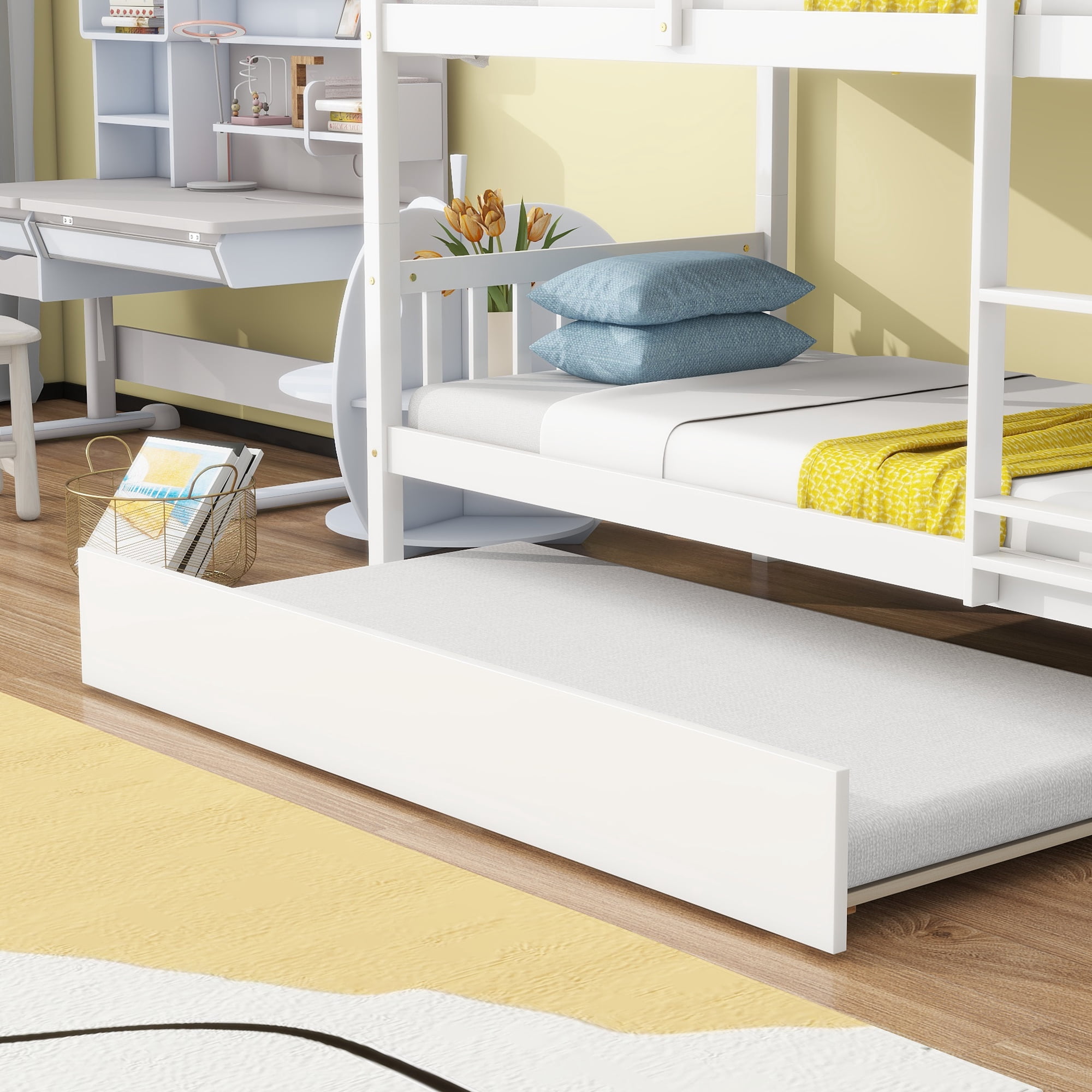 Alvantor Twin Over Twin Wood Bunk Bed with Trundle and Ladder, Convertible into Twin Size Beds, White