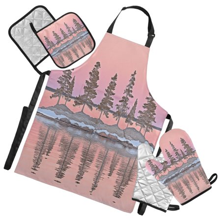 5 Pcs Kitchen Set Heat Resistant Oven Mitts and Non-Slip Pot Holders with Adjustable Cooking Apron Pine Island and Reflections