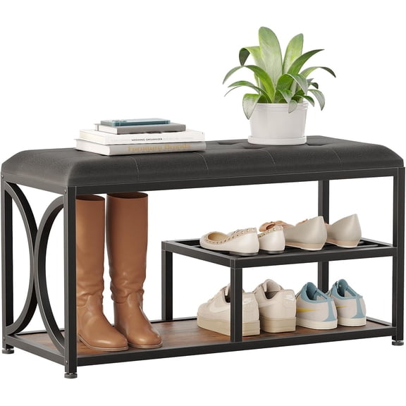 MIN EN WIN Shoe Bench with Cushioned Seat, Industrial Entryway Storage Bench with Shoe Shelf, Metal Frame Organizer Bench for Adult Home Entryway