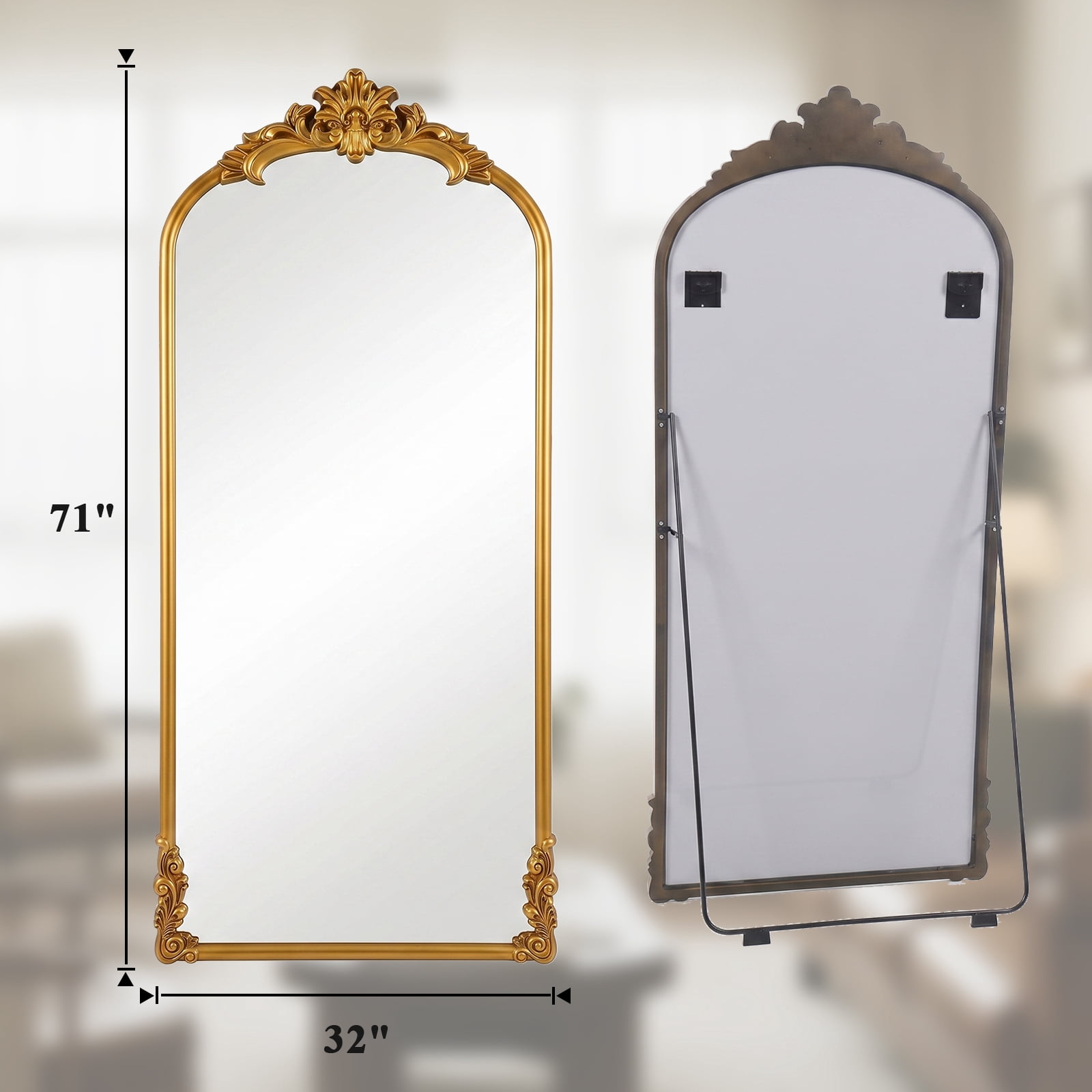 Easy4Home 71"x32" Arched Full-Length Floor Mirror Smooth Arch Top Floral Crest Standing Mirror, Bright Gold