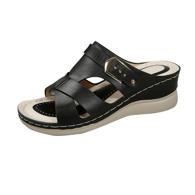 Wedge Sandals for Women Slide Sandals Buckle Decor Open Toe Soft Sole Non Slip Platform Sandals Black
