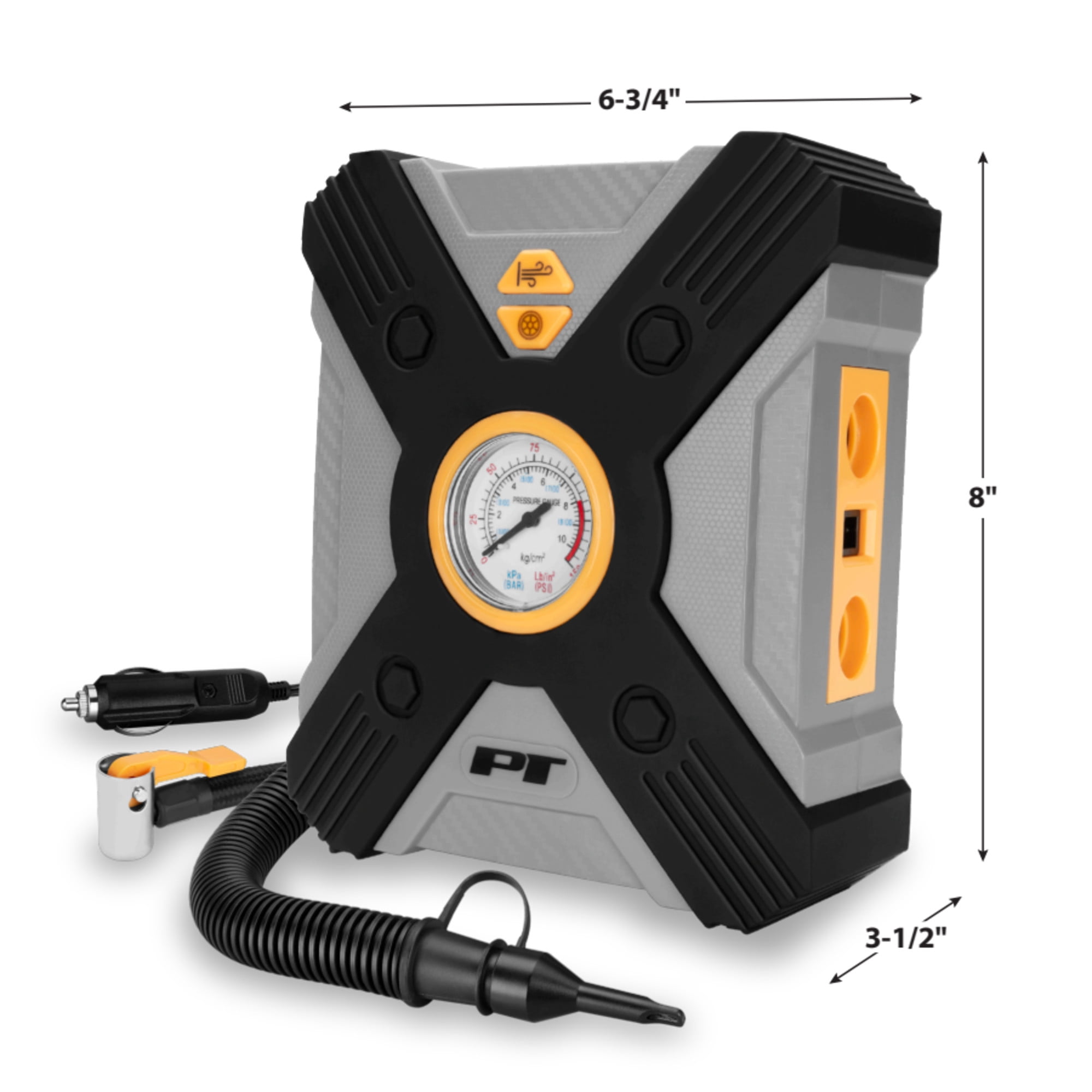 Performance Tool Vortex W7903 12V Raft & Tire Inflator, Lever-Locking Air Chuck, Long Power Cord, Three Nozzles, Gray
