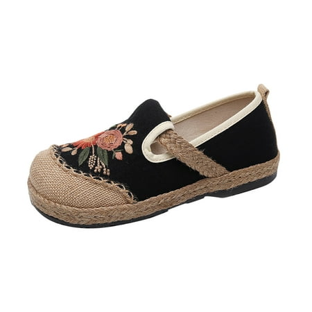 Women s Slip On Sneakers Casual Loafers Vintage Shoes Clearance Teen Girls Round Head Ethnic Style Embroidered Shoes Shallow Cut Low Top Soft Bottom Cloth Shoes Black 5.5
