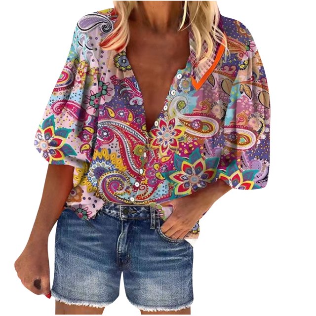 Pompotops Mode Femme Ample Col en V Manches 3/4 Imprimé devant Bouton Cardigan Chemise Hauts T-shirt Liquidation