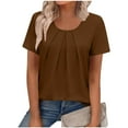 thumbnail image 2 of Women's Crew Neck Tops with Pleats Short Sleeve Dressy Casual Blouses Summer Solid Color T-shirts Loose Fit (XL, Brown), 2 of 7