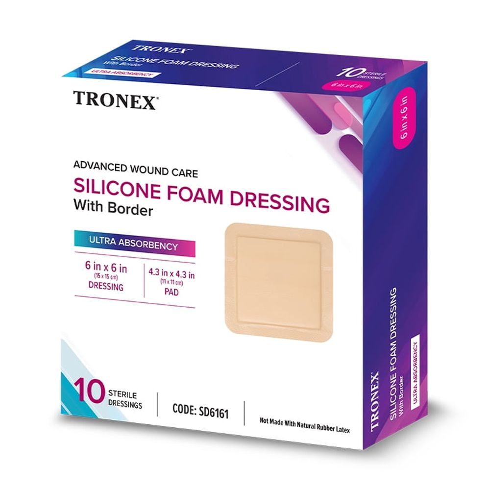 TRONEX SD6161 Silicone Foam Dressing 6”x6”, Adhesive Border, Waterproof, Sterile, Ultra Absorbency, Breathable, Advanced Wound Care, Gentle Removal, Latex Free, Beige, Case of 240