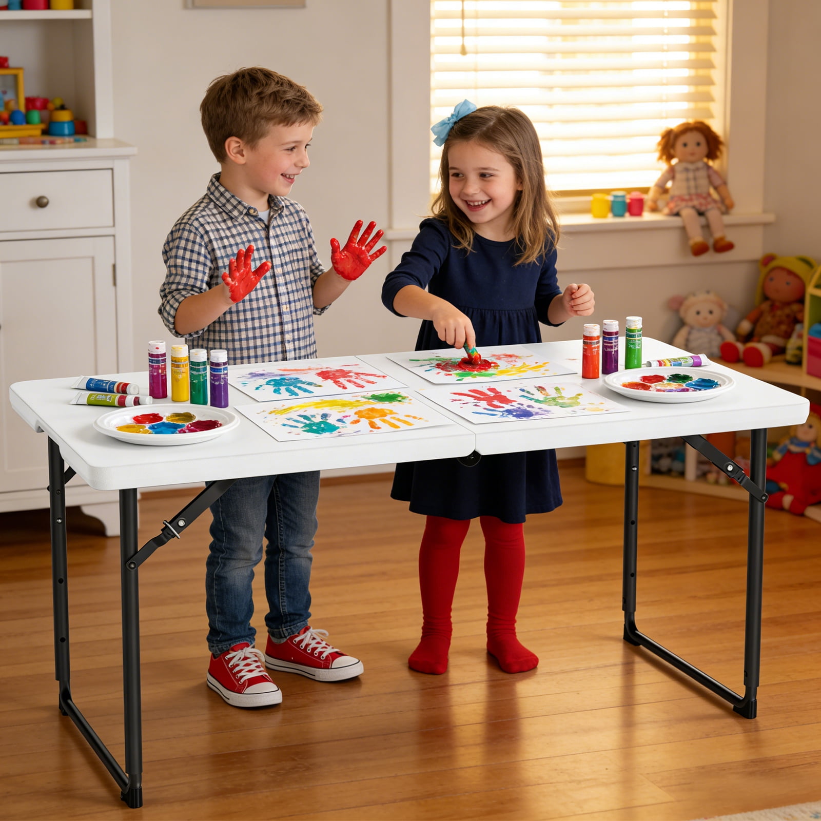 WASUHE Folding Table 4 FT Lightweight Table, Plastic Rectangular Indoor Outdoor Table Iron Legs Fold-in-Half, Easy to Store, Perfect for Party, Dining, Wedding, Events, White