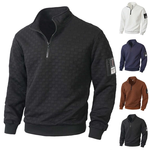RYDCOT Men's Quarter Zip Casual Pullover Quilted Waffle Long Sleeve Fleece Sweatshirt Mock Neck Sweater White