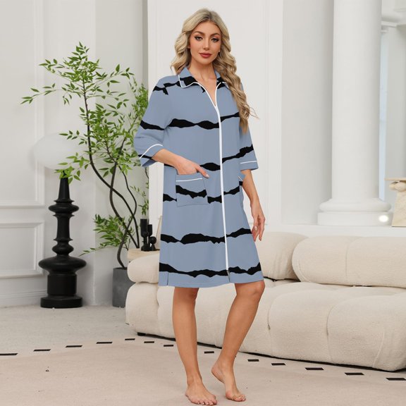 Zipper Robes for Women Lightweight Loose Fit Summer Bathrobes for Women Zipper Front 3/4 Length Sleeve Knee Length Striped Casual Sleepwear Nightgown with Pockets Blue S