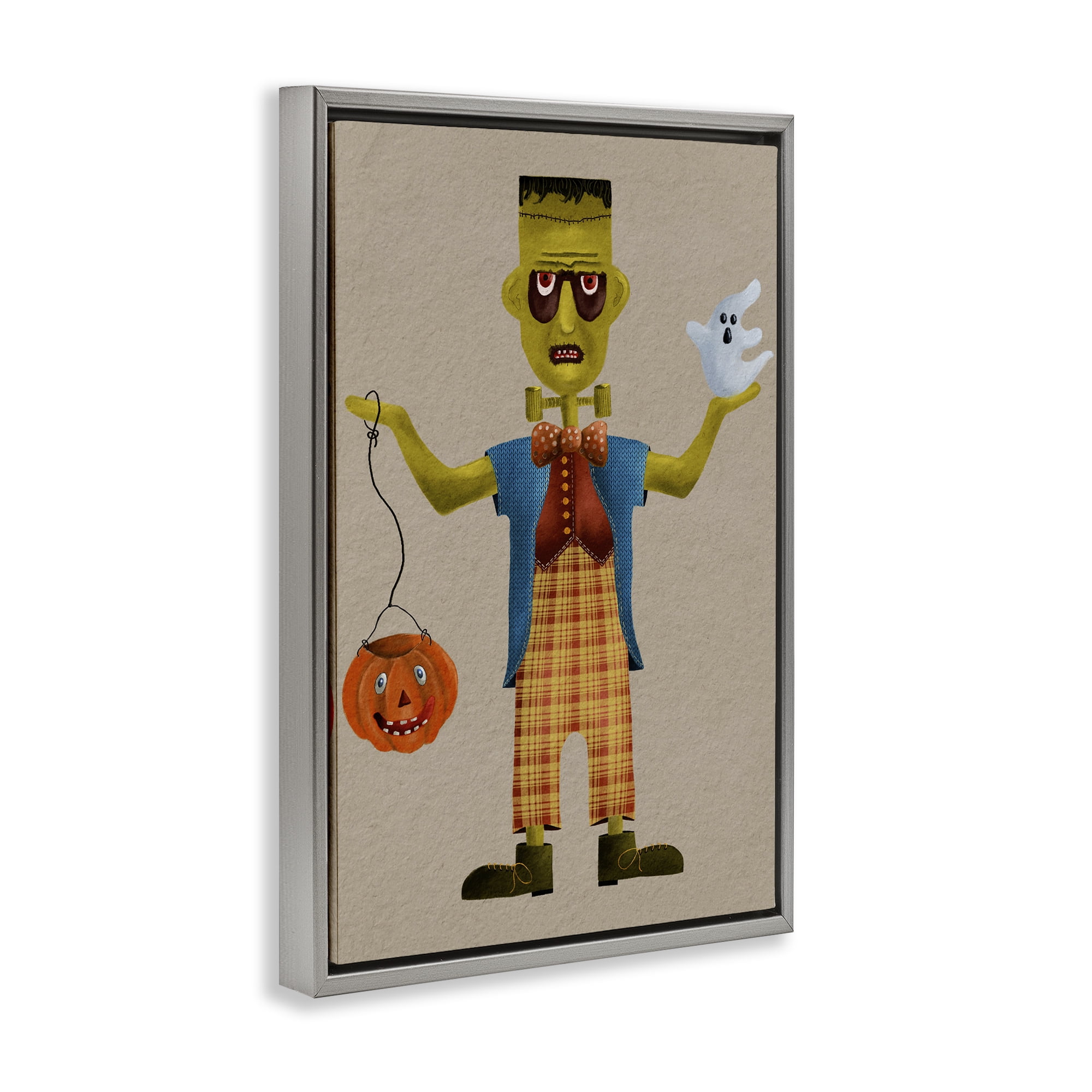 Stupell Industries Halloween Monster & Ghost Holiday Painting Gray Floater Framed Art Print Wall Art, 17 x 25