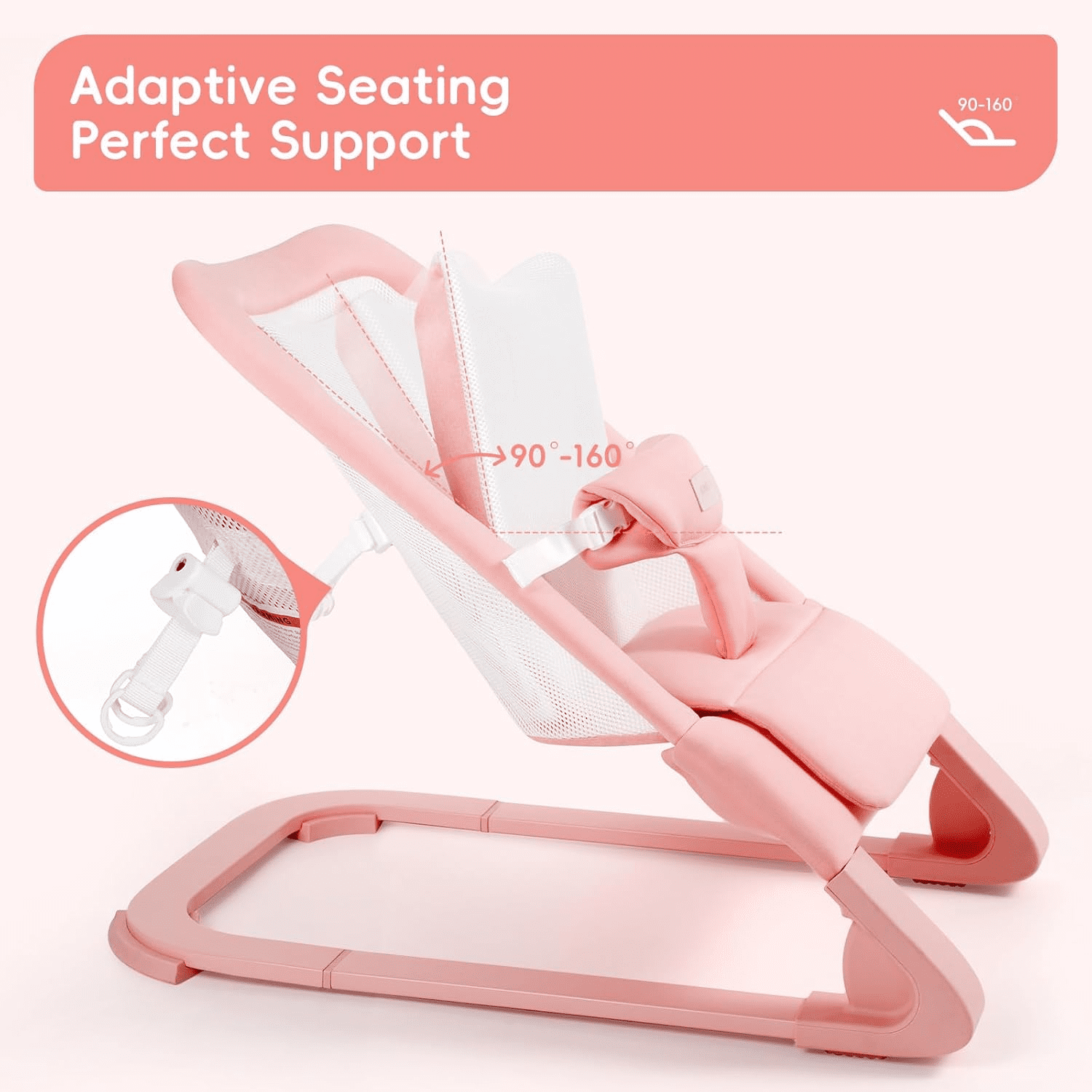 Portable Baby Bouncer Seat for Infants, Adjustable Baby Chair with 3-Point Safety Harness, Lightweight Foldable Design for 0-18 Months, Supports Up to 60 lbs, Pink