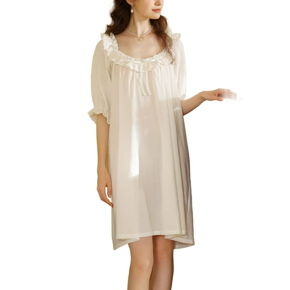 SWSMCLT Women's Cotton Nightgown Summer Pajamas Pleated Thin Sleepwear Soft Scoop Neck Loose Oversized White Medium