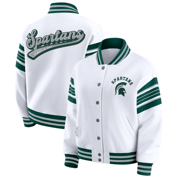 Women's WEAR by Erin Andrews White/Green Michigan State Spartans Satin Stitch Full-Snap Fleece Sweatshirt Jacket