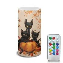 COEQINE Black Cat Fall Pumpkin Maple Flameless Candle with 18-Key Remote Timer Color Changing, Flickering Wick Realistic Votive Electric Candle for Home Kitchen Halloween Decoration