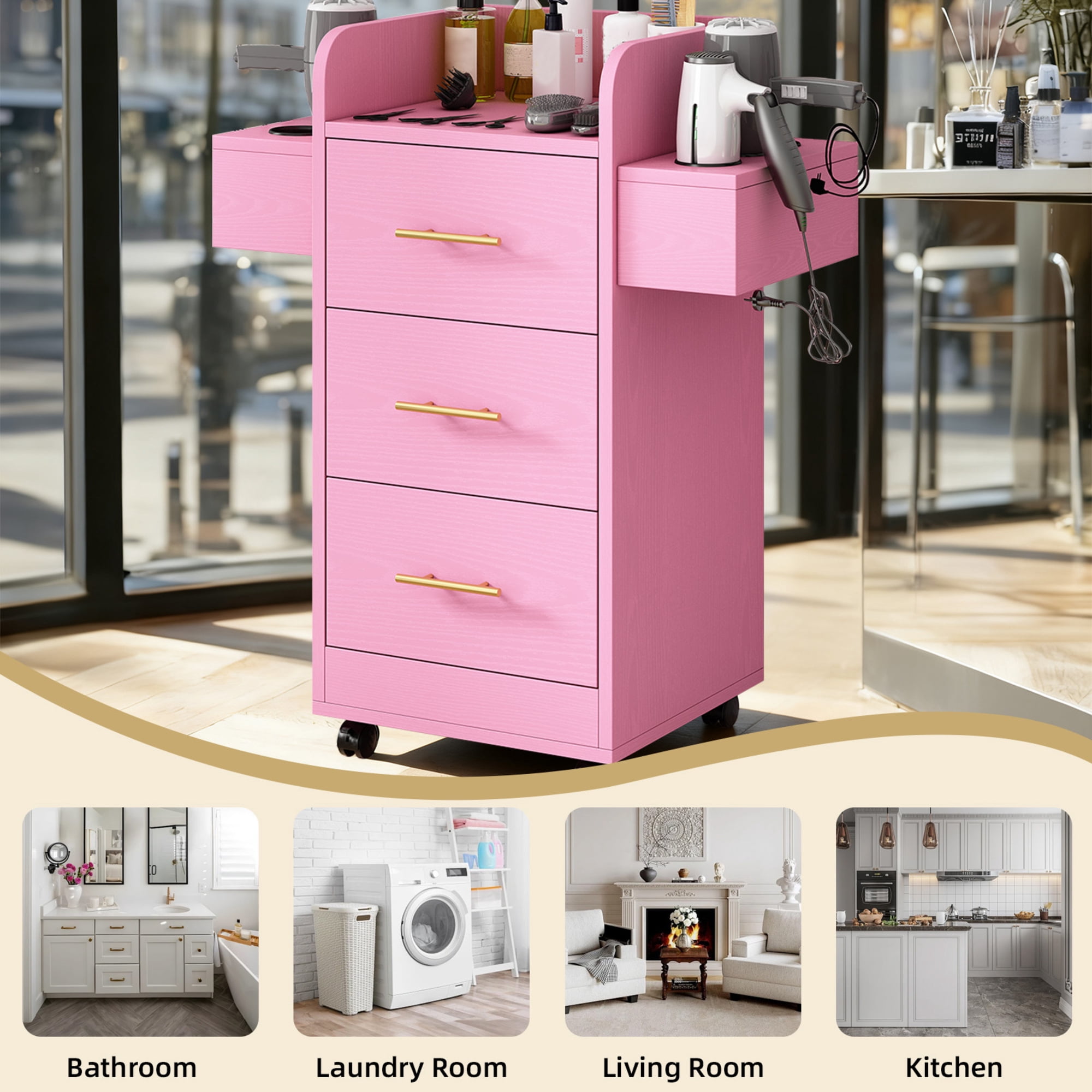 4 EVER WINNER Pink & Gold Barber Storage Cabinet with Gold Handles, Rolling Salon Station with 3 Drawers & 6 Tool Holders, Stylish Movable Cart for Hair Styling Tools