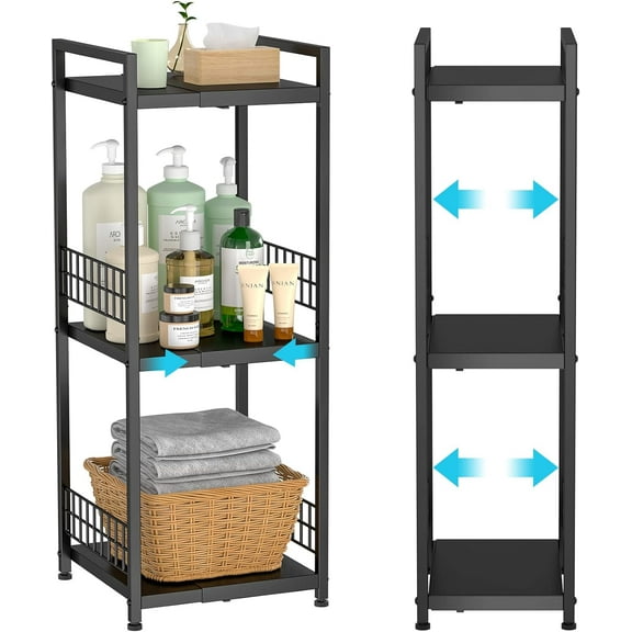 3-Tier Metal Shelving Unit, Expandable, Free-Standing, Narrow, Open Floor Shelves, Ideal for Bathroom, Kitchen, Laundry, Storage, Organization