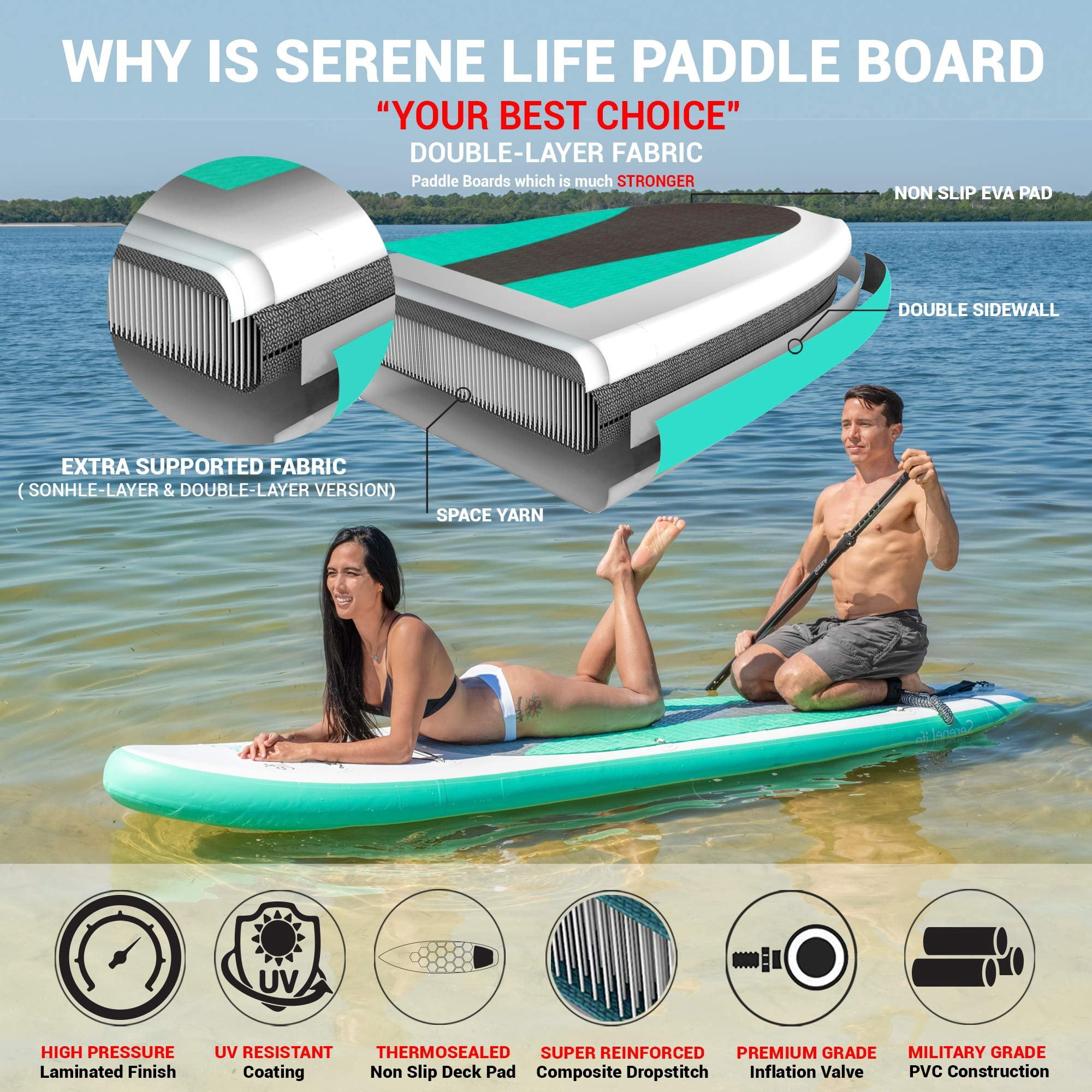 SereneLife Inflatable Stand Up Paddle Board - Wide Stable Design, Non-Slip Deck for Adults & Youth with Premium Paddle Board Accessories: Carry Bag, Dual Action Pump, Paddle, Ankle Leash - 10'