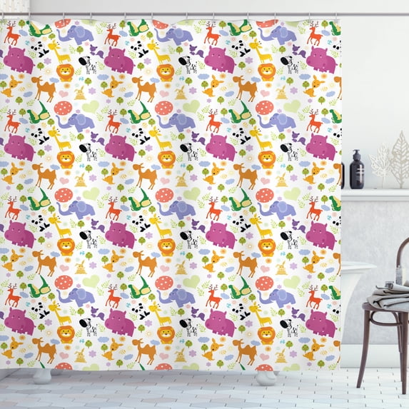 Wildlife Shower Curtain, Doodle Funny Animals Camel Crocodile Hippo Lion Squirrel Forest Life Characters, Fabric Bathroom Set with Hooks, 69W X 84L Inches Extra Long, Multicolor, by Ambesonne