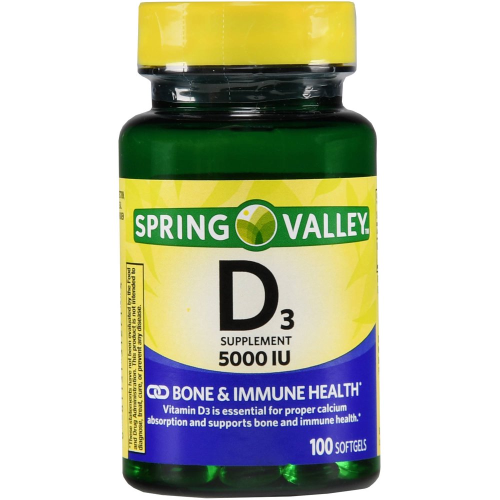 (2 Pack) Spring Valley Vitamin D3 Softgels, 125 mcg (5000 IU), 100 Ct