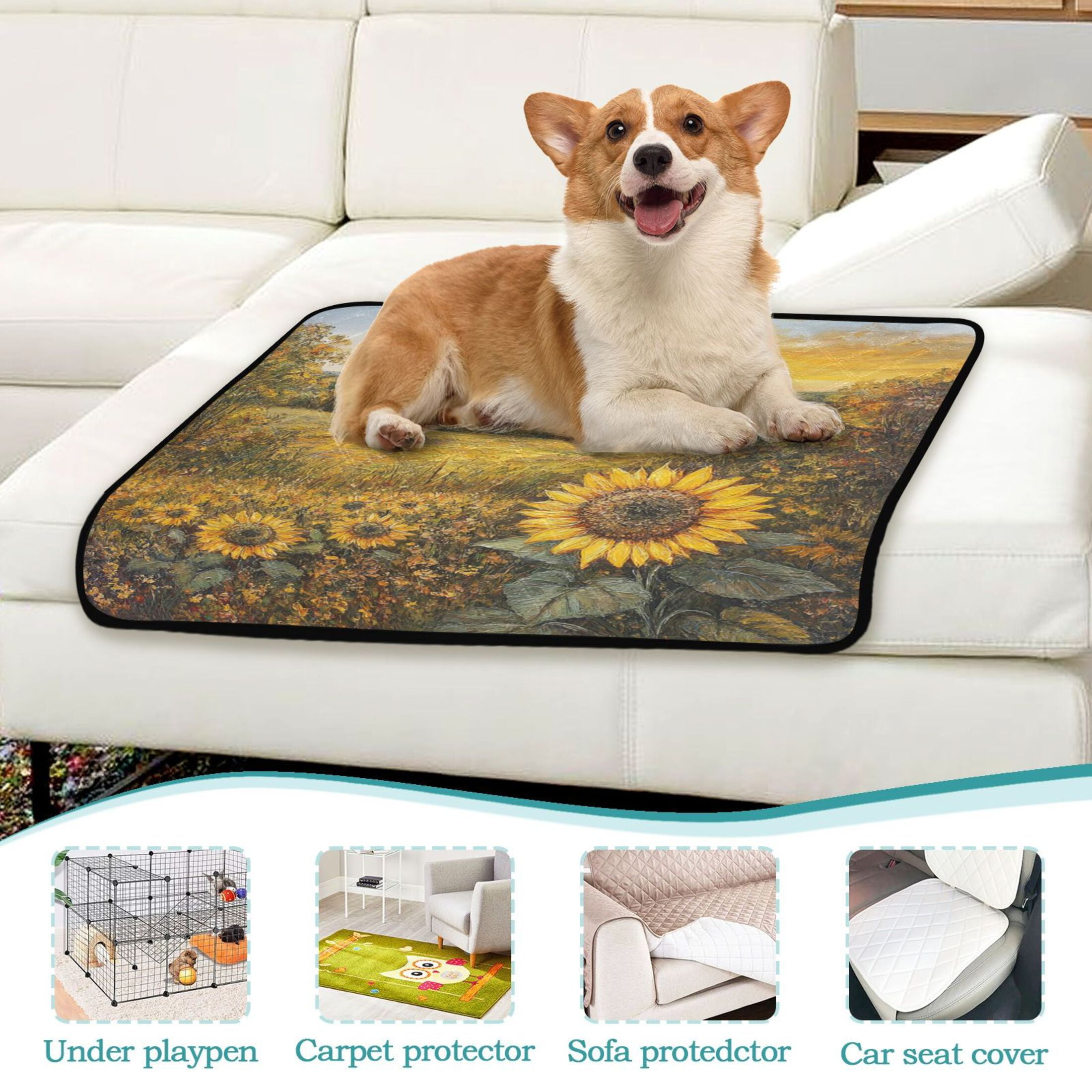 Qxltty Oil Painting Of Sunflower Cat litter Pads Pet Set of 3 Diaper Mats Center Anti-leakage Layer Absorbent Soft and Comfortable