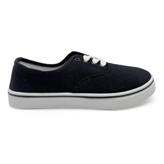 tenis george talla 22 con franja a contraste negro lateral derecho, tenis casual para mujer de lona negra lisa, agujeta blanca a contraste con ojales metálicos, suela de caucho blanca con línea negra y puntera texturizada, cuello ligeramente acolchado; diseño bajo ideal para uso diario y combinar con jeans o faldas.